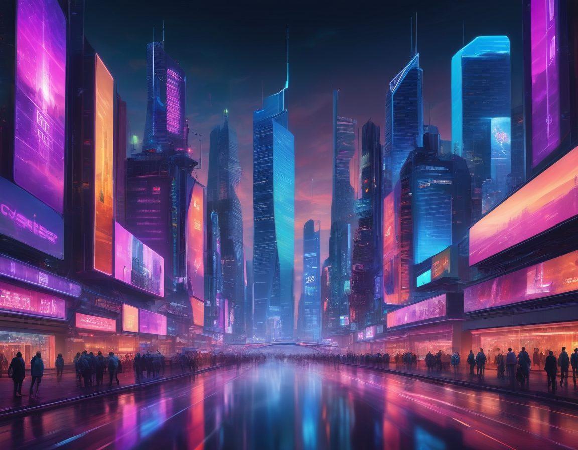 A futuristic city skyline at dusk with vibrant neon lights reflecting innovation in streaming technology. Show people of diverse backgrounds enjoying media through advanced devices like holographic screens and VR headsets. Include elements like digital billboards showcasing popular streaming platforms. The atmosphere should feel dynamic and engaging, symbolizing the evolution of media consumption. cyberpunk. vibrant colors.