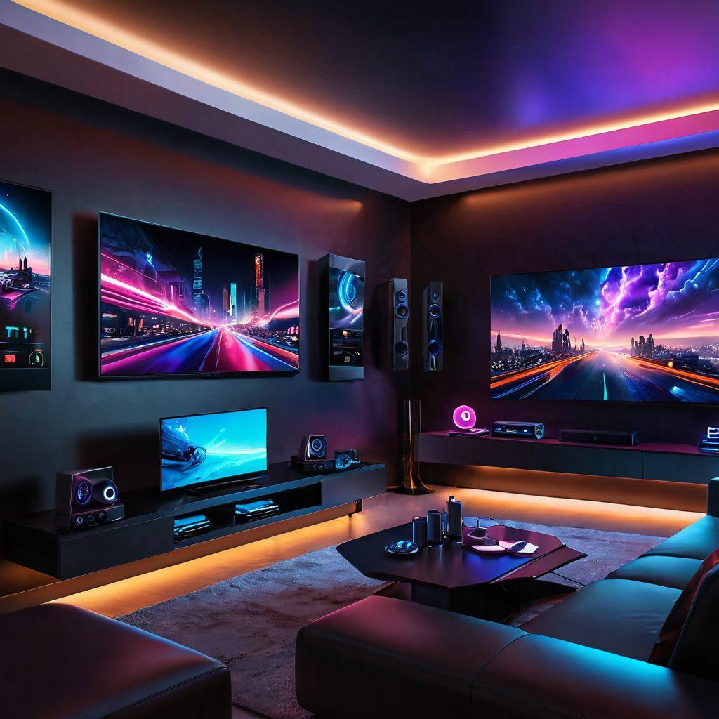 A futuristic living room featuring a sleek, high-tech entertainment system displaying vibrant streaming visuals on multiple screens. Include advanced gadgets, like VR headsets and smart speakers, surrounded by comfortable seating. Illustrate trends in entertainment with dynamic icons representing various streaming services floating around. Emphasize a cozy yet modern atmosphere with ambient lighting. cyberpunk aesthetics. vibrant colors.