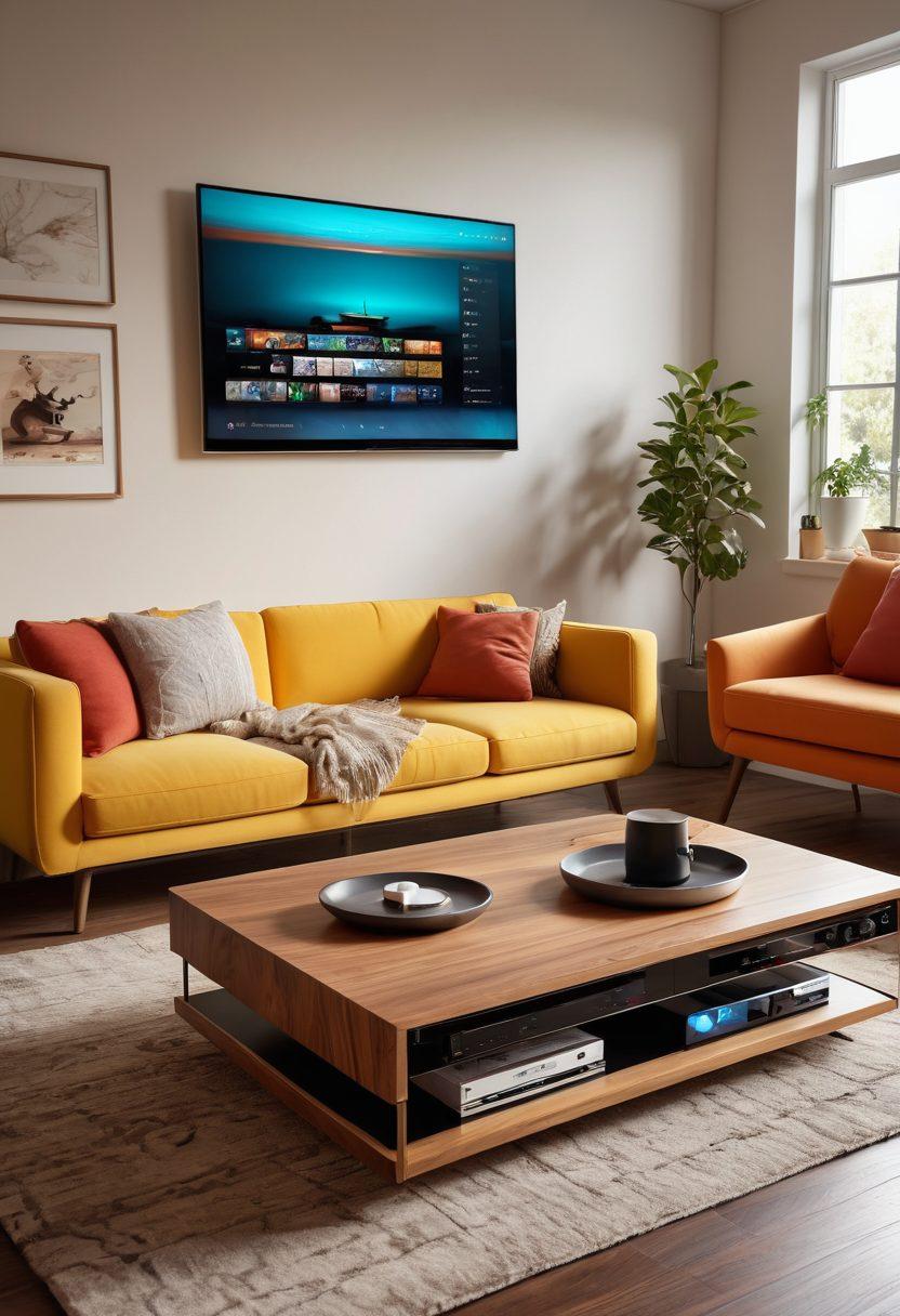 A sleek, modern user interface of a multimedia player showcasing various media types like music, video, and podcasts on a high-resolution screen. Include vibrant visual elements like sound waves emanating from speakers and film reels for videos, surrounded by colorful musical notes and icons. Set the scene in a cozy living room with plush seating and ambient lighting to evoke a warm, inviting atmosphere. Add subtle hints of technology like headphones and a smart remote on a stylish coffee table. super-realistic. vibrant colors. cozy interior.